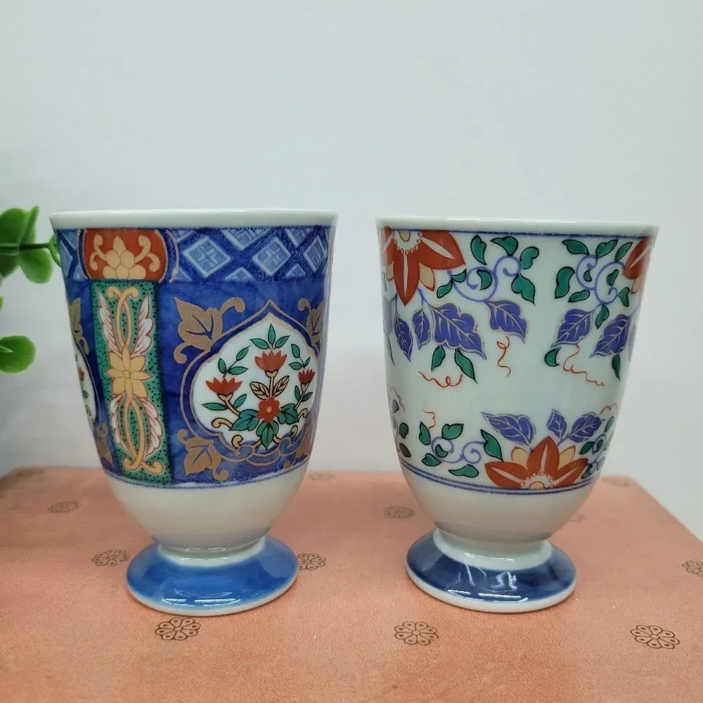 Pair Japanese Vintage Arita Porcelain Footed Tea Cups